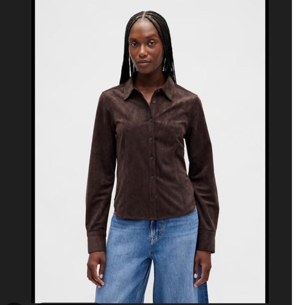 NEW GAP Perfect Fitted Shirt Vegan Suede brown Shirt